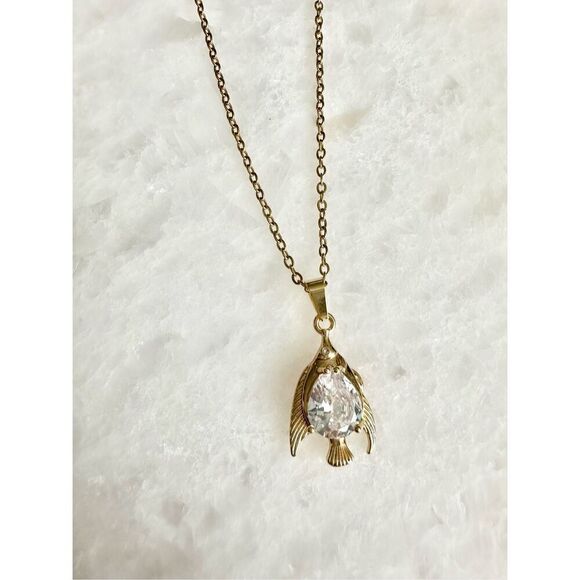 Angelfish cubic zirconia pear cut pendant necklace - stainless steel - 18 inch c - Picture 3 of 4